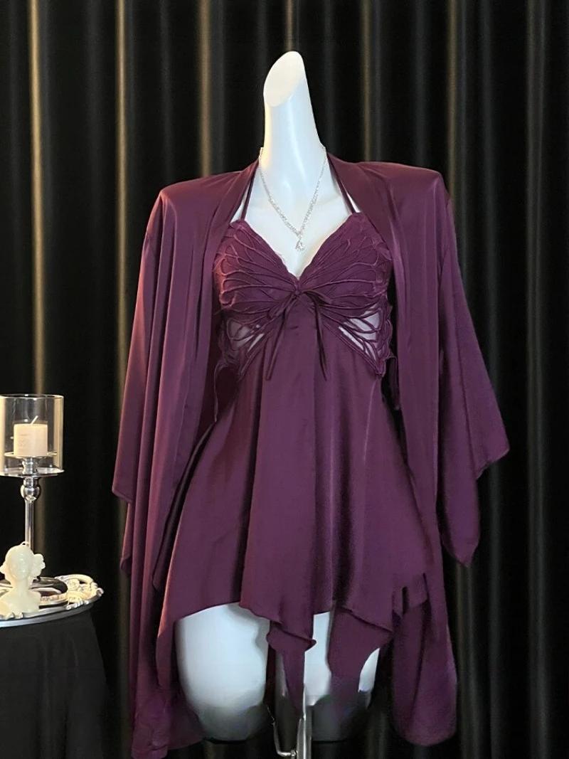 

Purple Bow Halter Nightgown for Women,Pure Desire Backless Homewear,Plus-Size Seductive Pajamas,Feminine and Romantic Lingerie