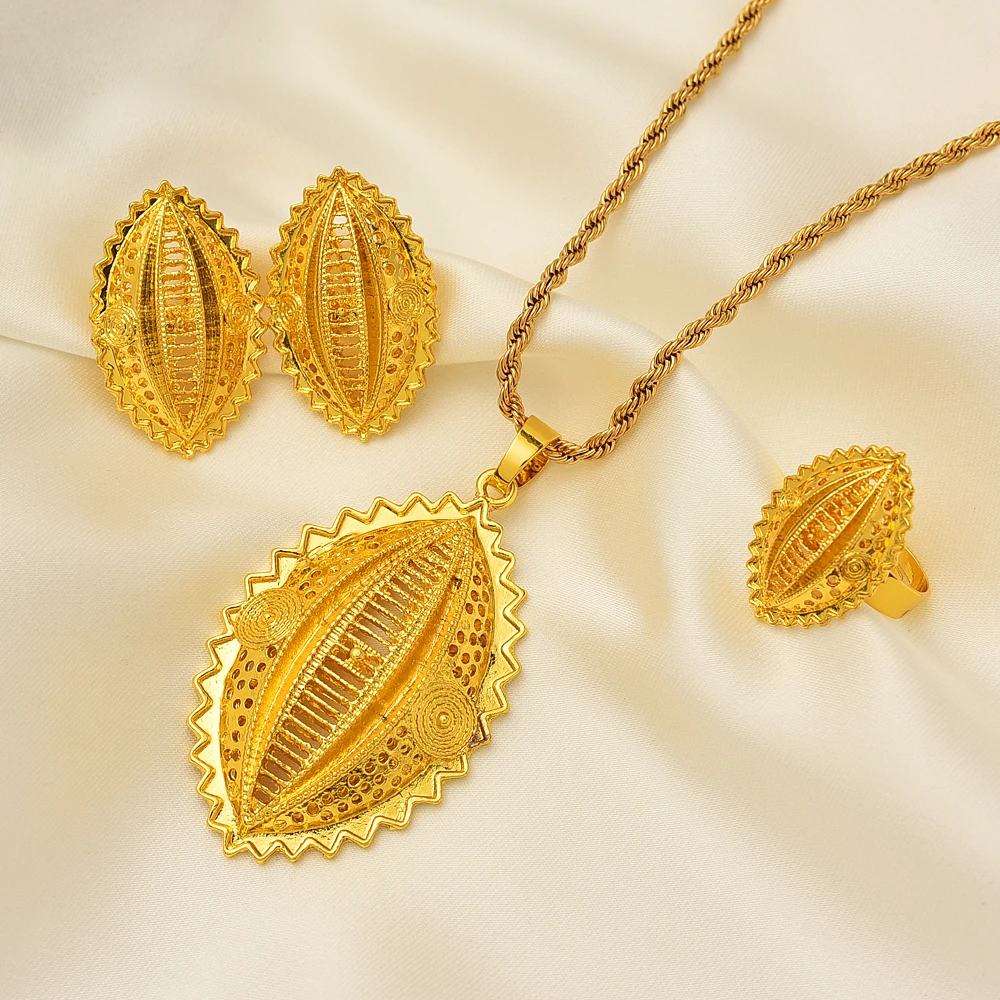 Ethiopian Gold Color Pendant Necklaces Earrings Ring Habesha Eritrean Wedding Jewelry Sets