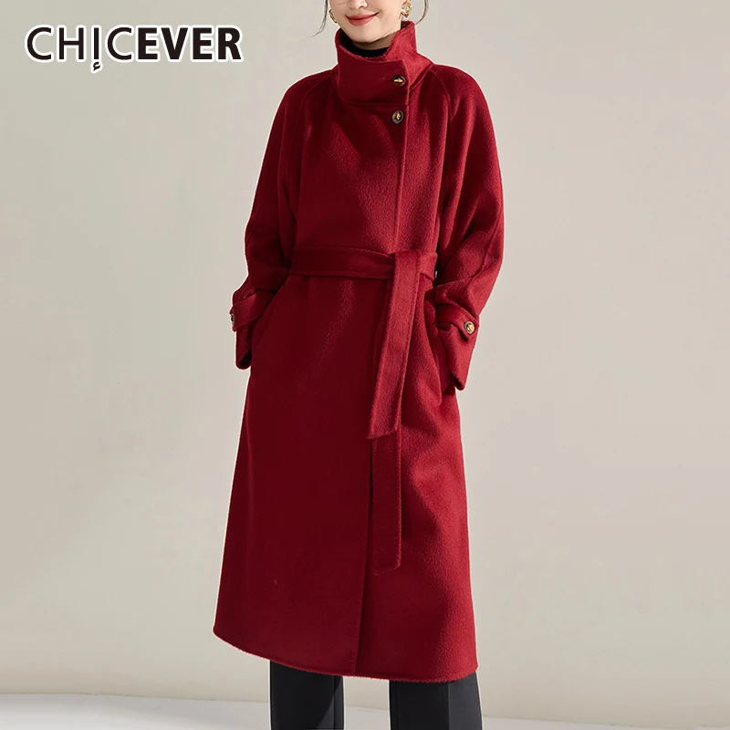 CHICEVER Elegant Spliced Lace Up Wool Coat For Women Lapel Long Sleeve Patchwork Single Breasted Solid Trench Female Clothes New