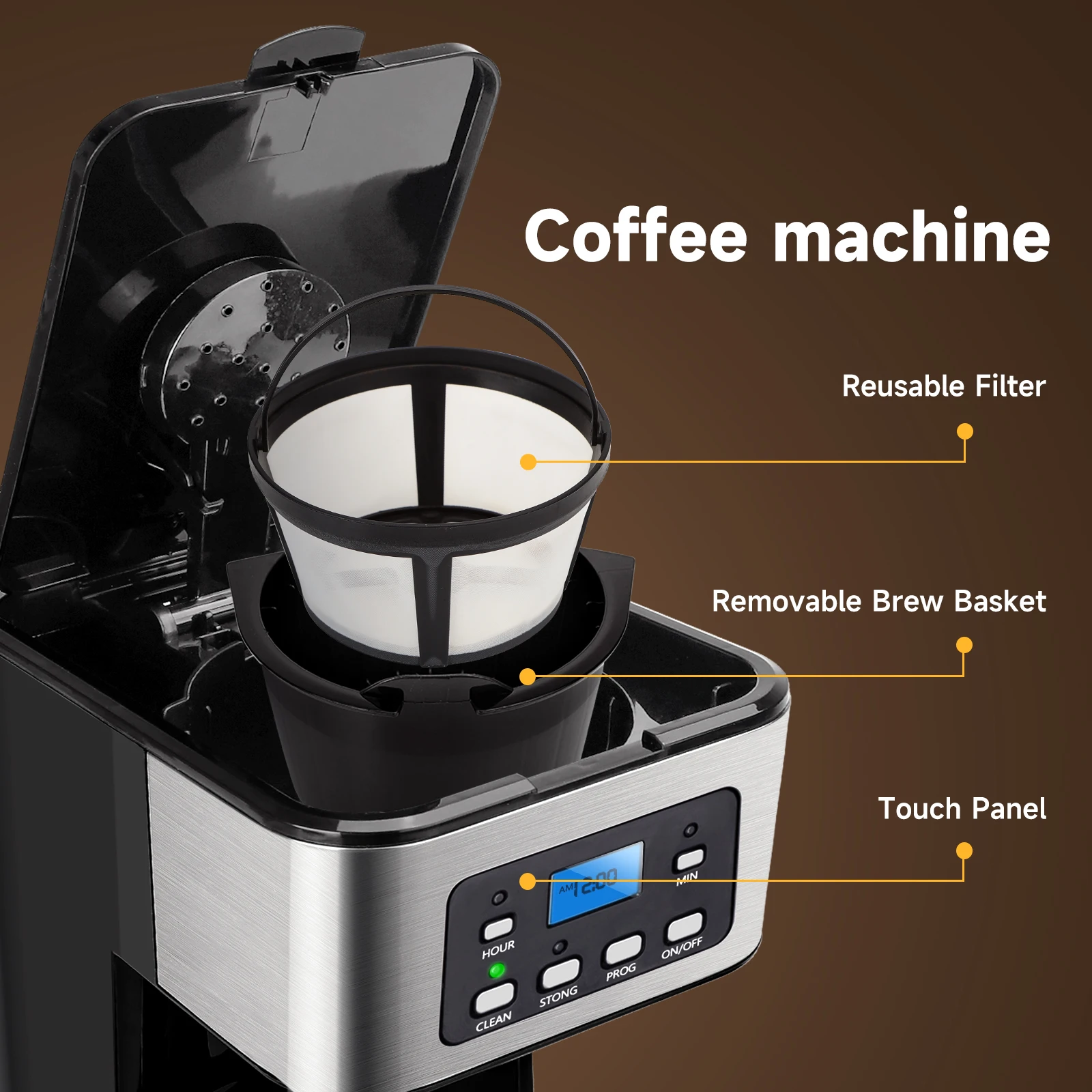 ماكينة صنع القهوة بالتنقيط من Aigostar، شاشة Lcd، فلتر قابل لإعادة الاستخدام، قابل للبرمجة، وظيفة التنظيف الذاتي (الإزالة الترسبات)، سعة 1.8 لتر (12 كوب)، وظيفة الدفء. خالية من مادة Bpa