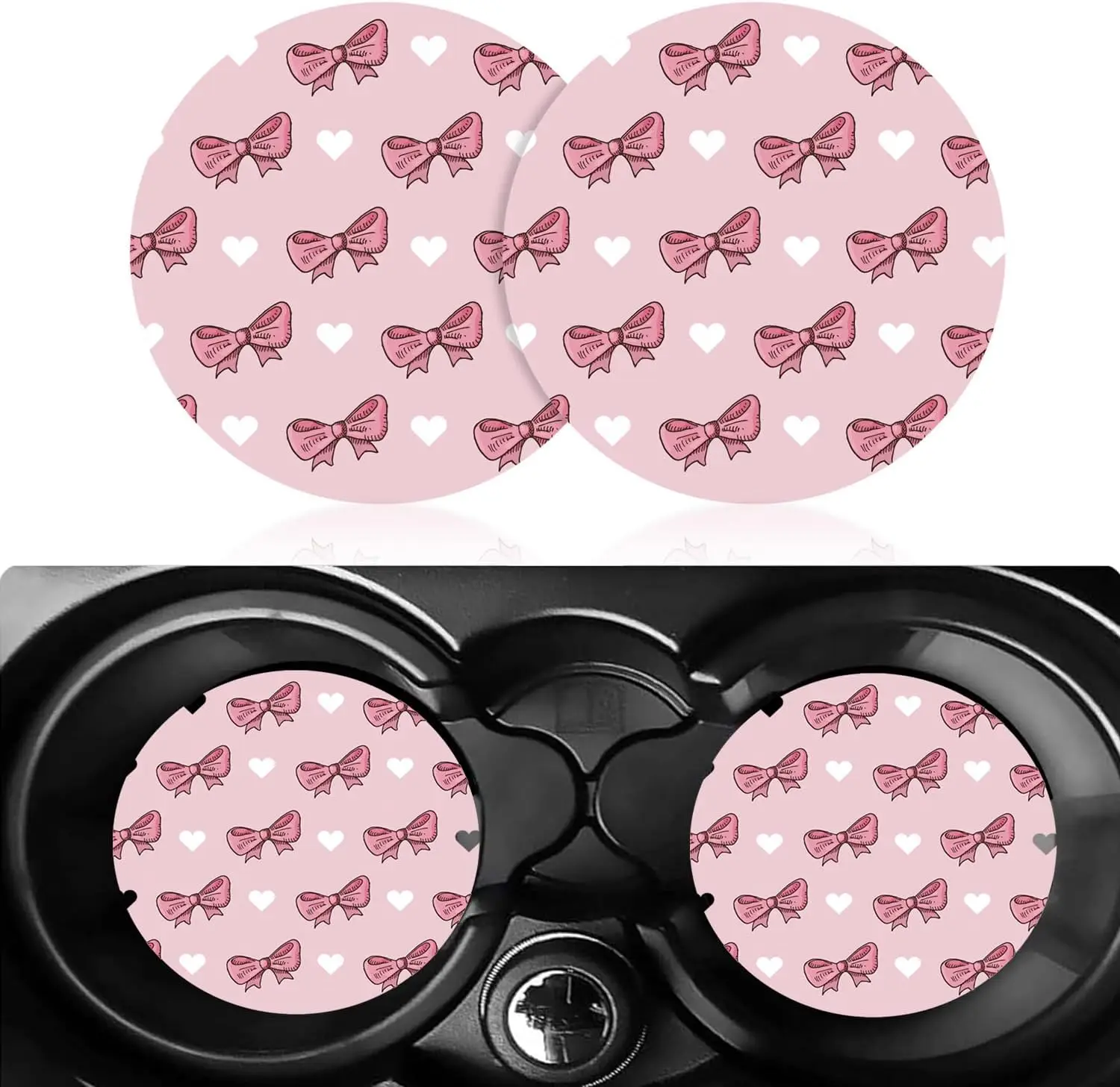 

2 Pack Pink Bows Car Cup Holder Coasters, Anti-Slip Shockproof Drink Mat for Vehicle Interior Decor