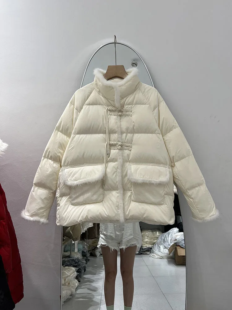 

2023 New Winter Mink Fur Stitching White Duck Down Jacket Women Thickened Warmth Loose Fit Puffer Embroidery Bread Coat