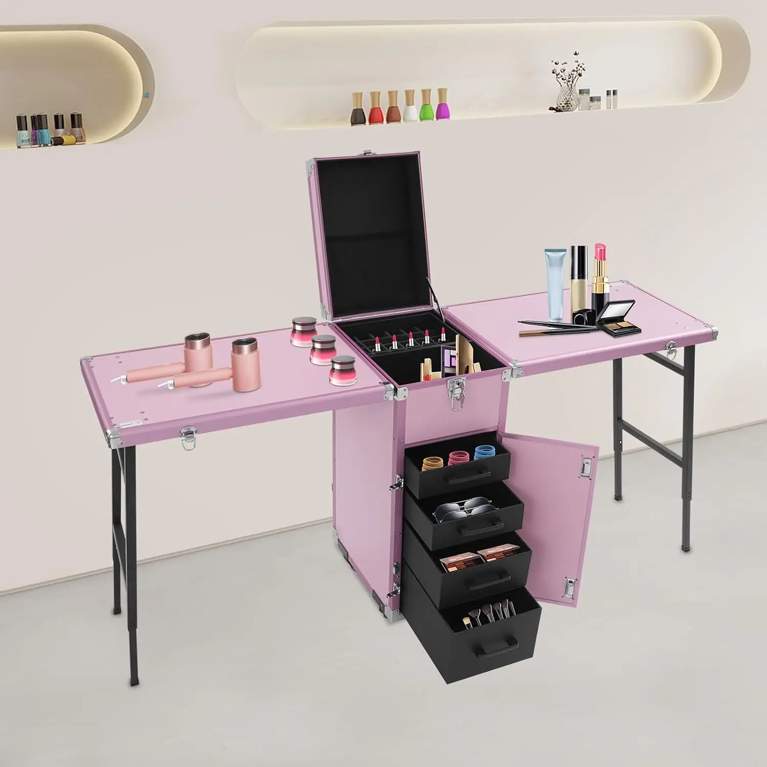 Rolling Portable Manicure Table with 4 Drawers, Professional Makeup Train Case Lockable Cosmetic Trolley with 2, Customized