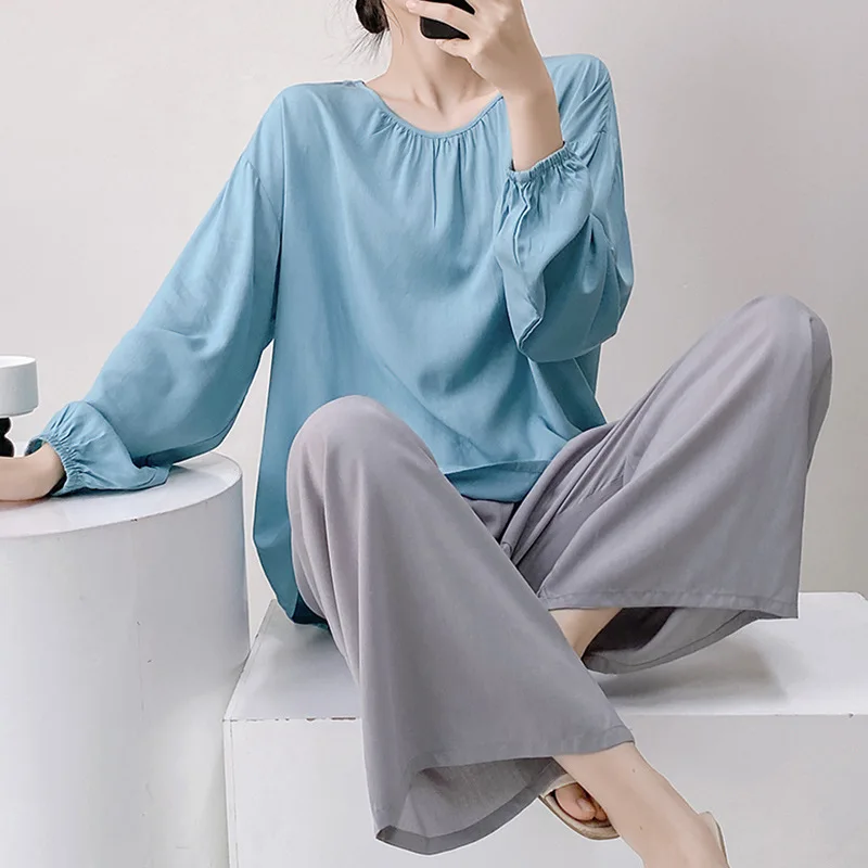 

Women's Long Sleeve Pajamas Spring and Autumn Cotton Silk Loungwear Sets Color Block Simple Homewear Set Summer Plus Size