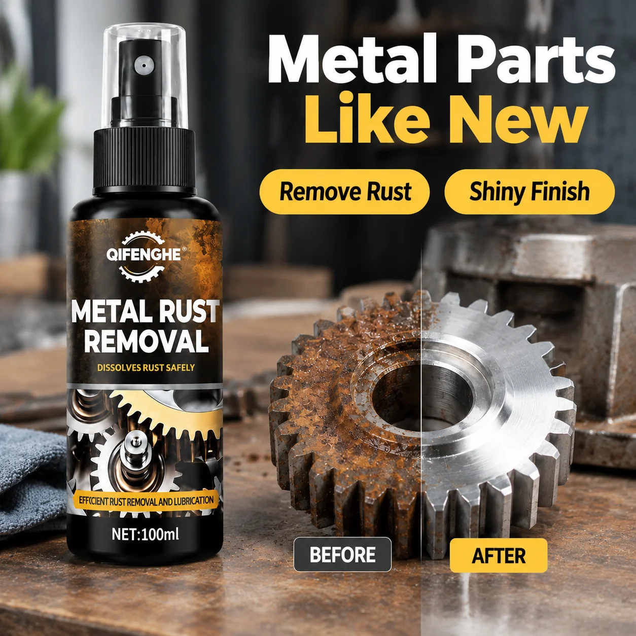 QIFENGHE Metal Rust Removal Spray 100ml, Efficient Rust & Oxidation Remover, Lubricating Cleaner for Gears Hardware Metal Parts,
