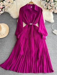 Spring Autumn Women Turn-Down Collar Pleated Long Dress Vintage Single Breasted Lantern Sleeve High Waist Draped Maxi Robe New