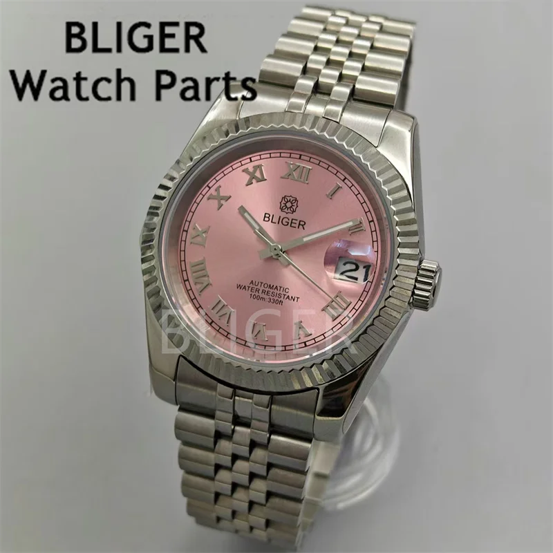 BLIGER 36mm/39mm White Pearl Sunburst Pink Blue Brown With Roman Index AR Coated sapphire glass NH35 Movement steel bracelet