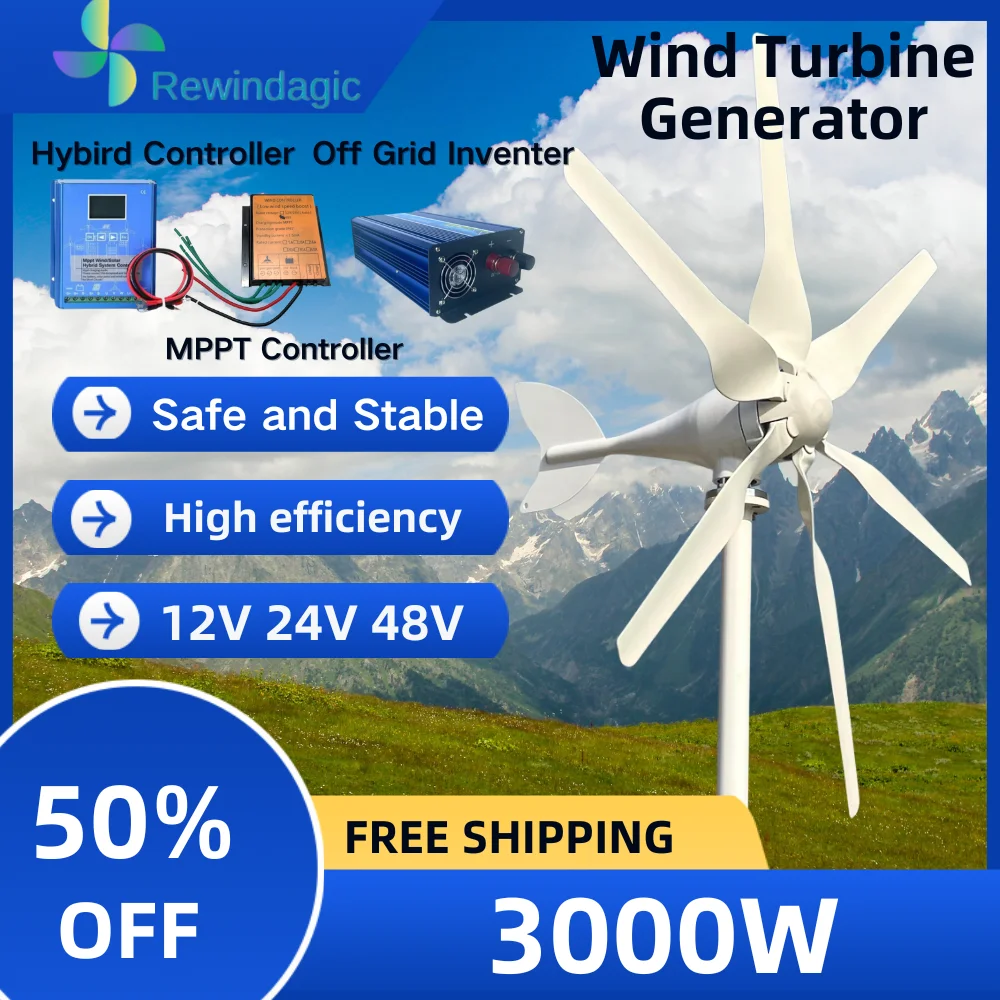 

3000W Windmill 6 Blades 12V 24V 48V Wind Turbine Generator With MPPT Controller Low Start Wind Speed For Off Grid System Camping