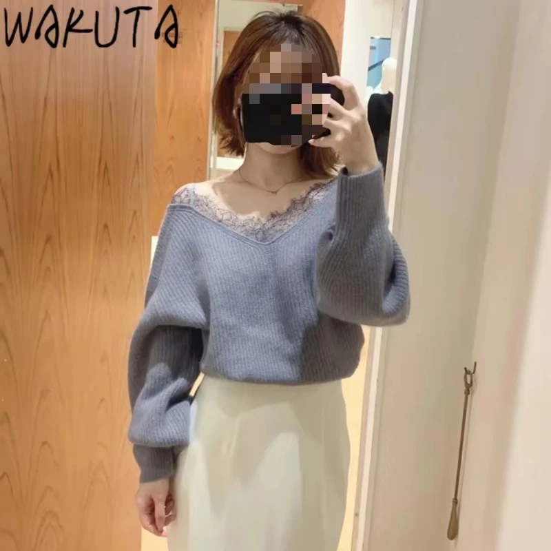 

WAKUTA Japanese Retro Slant Neck Bat Sleeve Pullovers Lace Solid Elegant Skeleton Knit Sweater Poleras De Invierno Mujer Свитер