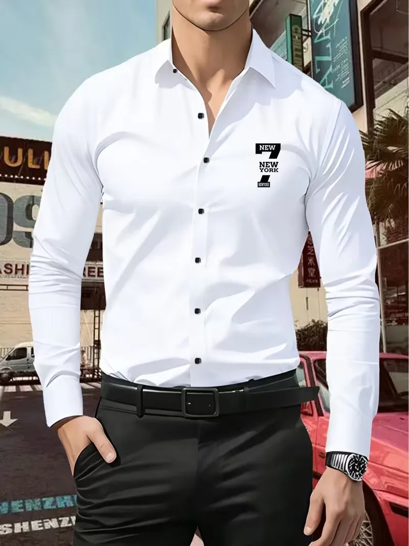 Men's Premium Business Casual Shirt Number Logo Print Slim Fit Long Sleeve Wrinkle Resistant Dress Shirt Multi Styles Available