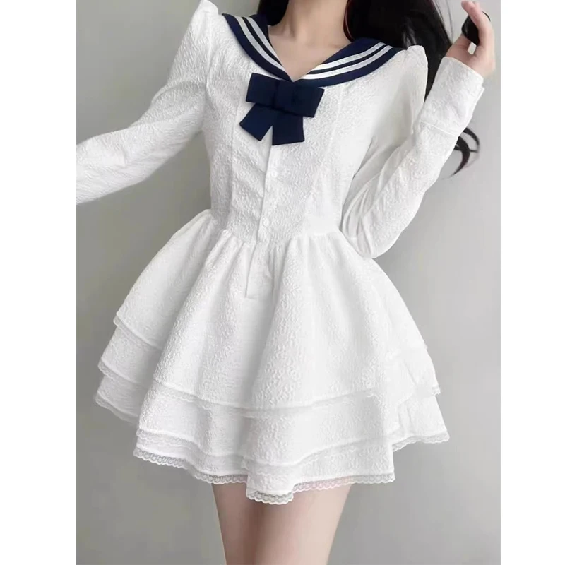 Women Stylish Sweet Preppy Style Sailor Collar Bow Fairy Mini Dress Y2K Lace Patchwork High Waist Long Sleeve Slim White Dresses