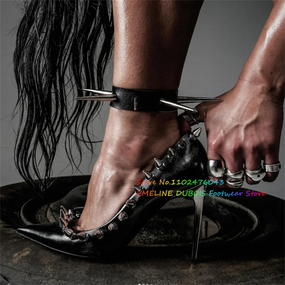 

Black Leather Punk Style Stiletto Pumps Women Sexy Pointed Toe Spike Studded Embellished High Heel Elegant Party Dress Shoes