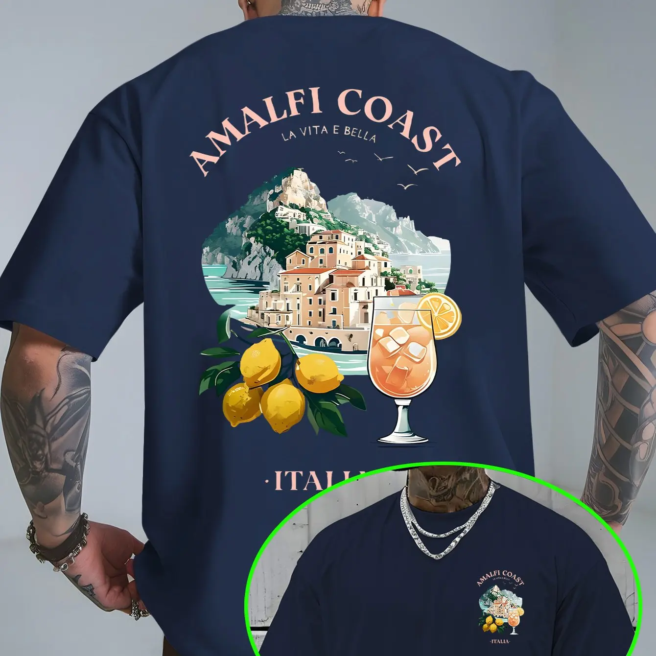 Herren-T-Shirt mit italienischem Amalfi-Küstenmuster, 100 % Baumwolle, Sommerurlaub-T-Shirt, atmungsaktives, lässiges Kurzarm-Oberteil – Detail 7