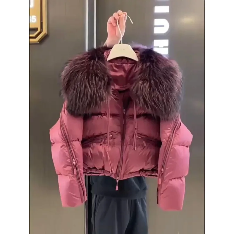 

Red Short Big Fur Collar Zipper Cotton Jacket Women's Winter Warm Thickened Design European Bread Jacket Top Comfortable Fashion