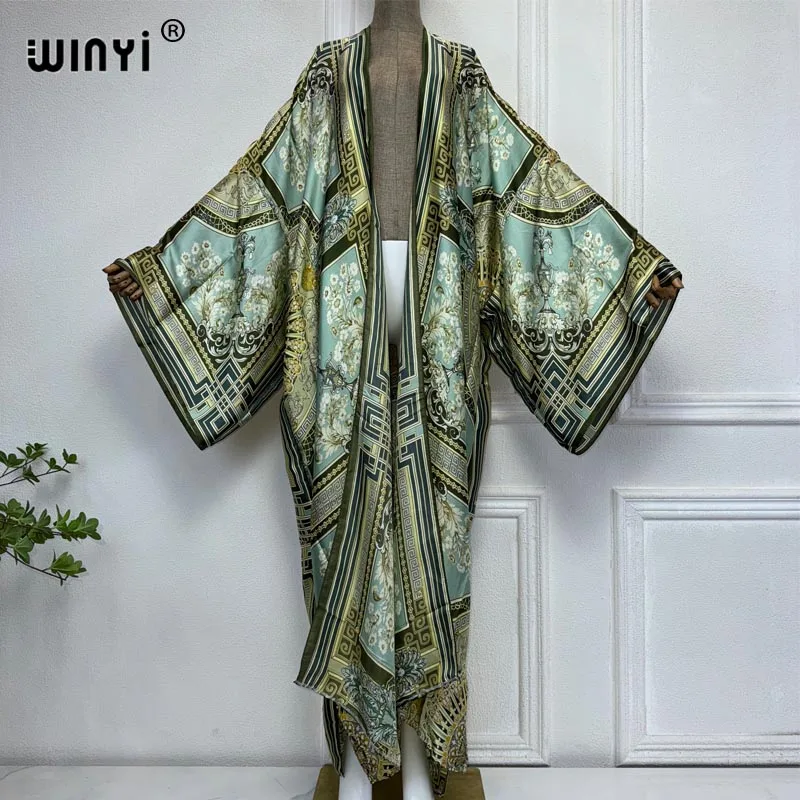 WINYI Kimono kobiety lato nowy nadruk sweter z długim rękawem bluzka damska luźna abaja Casual okrycie plażowe sukienka boho imprezę kaftan