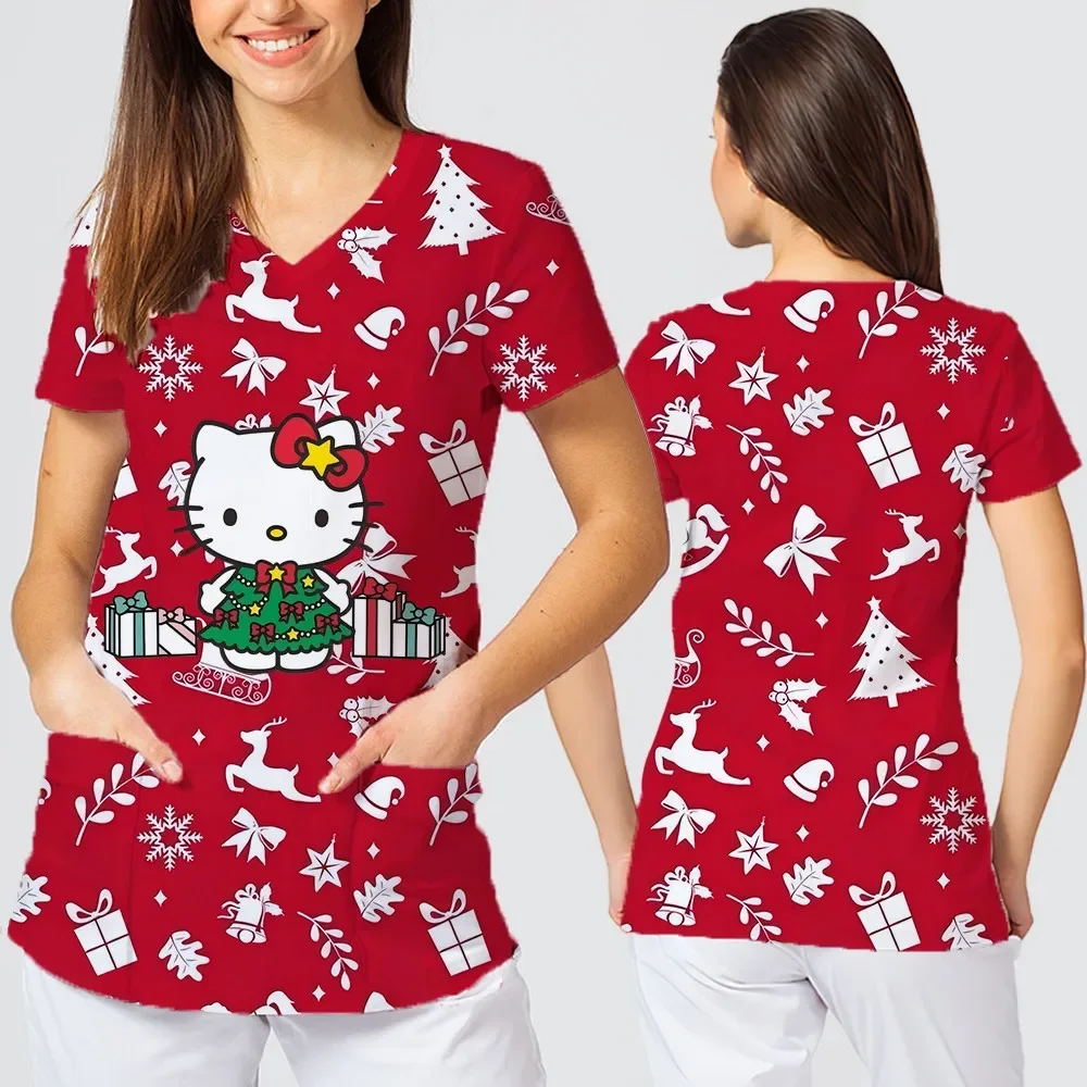 Christmas Festive Atmosphere Cartoon Pattern Printed Tops for Women V-neck Two Pockets Casual Short Sleeves New Style T-shirts