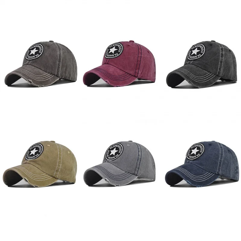 New washed cotton baseball cap with five-pointed star embroidery, washed and distressed duckbill cap, outdoor sun hat wholesale