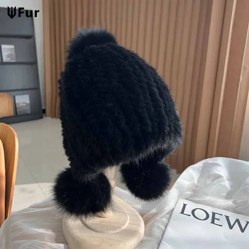 

Fashion Winter Luxury Women Solid Knit Real Fur Bomber Hats Women Mink Fur Caps Fox Fur Earmuffs Hats Ladies Ear Cuffs Hats