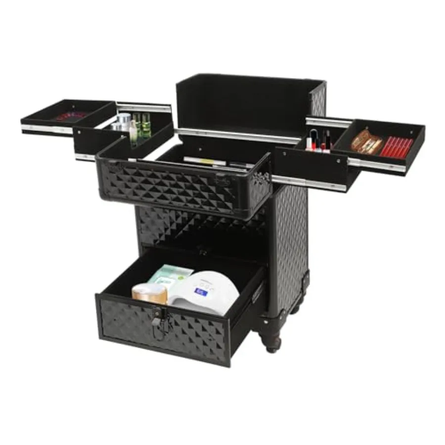Rolling Makeup Train Case with Locks and Drawers Professional Aluminum Cosmetic Trolley Cases with 4 Universal Wheels for Studi