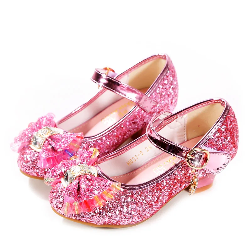 

8 Colors Princess Butterfly Leather Shoes Kids Diamond Bowknot High Heels Children Glitter Shoes Fashion Girls Party Dance Shoe