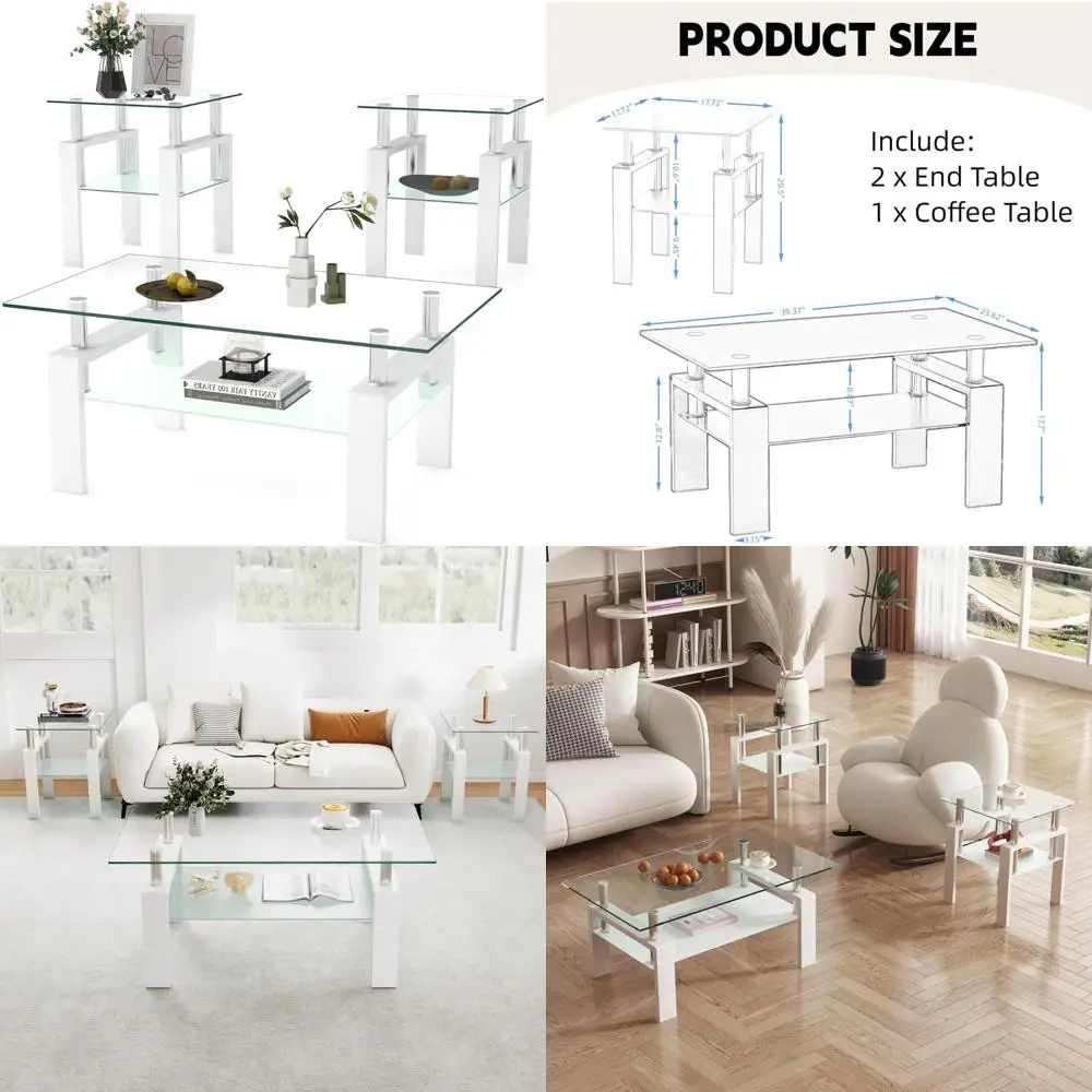 طقم طاولة زجاجية حديثة مكونة من 3 قطع مع إطار معدني أسود وطاولة قهوة من الزجاج المقسى