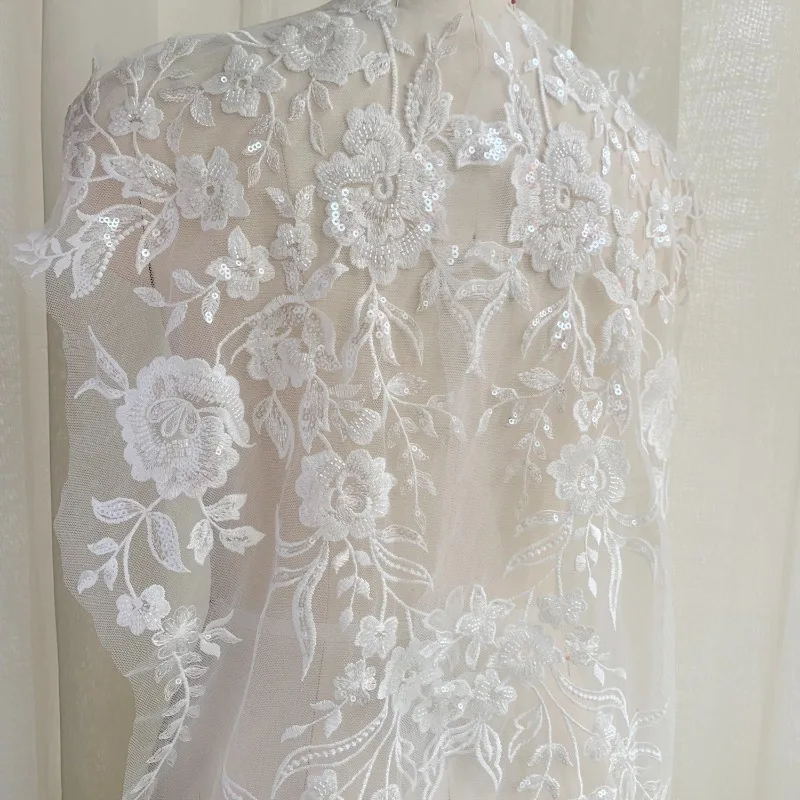 New Artificial Cotton Thread Sequins Beaded Lace Large Matching Flowers DIY High - End Wedding Veil Train Embroidered Patches