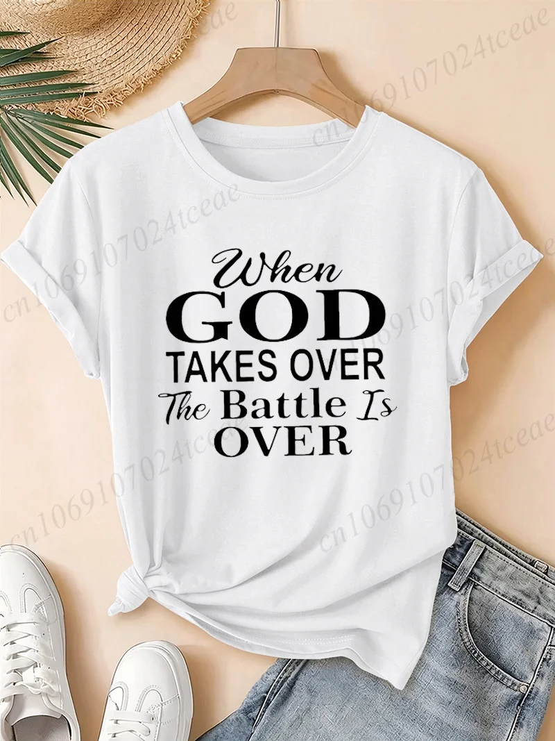 Women Christian T Shirt When God Takes Over Letter Print Tees Casual Short Sleeve O Neck Faith Quote Religious Gift Summer Tops