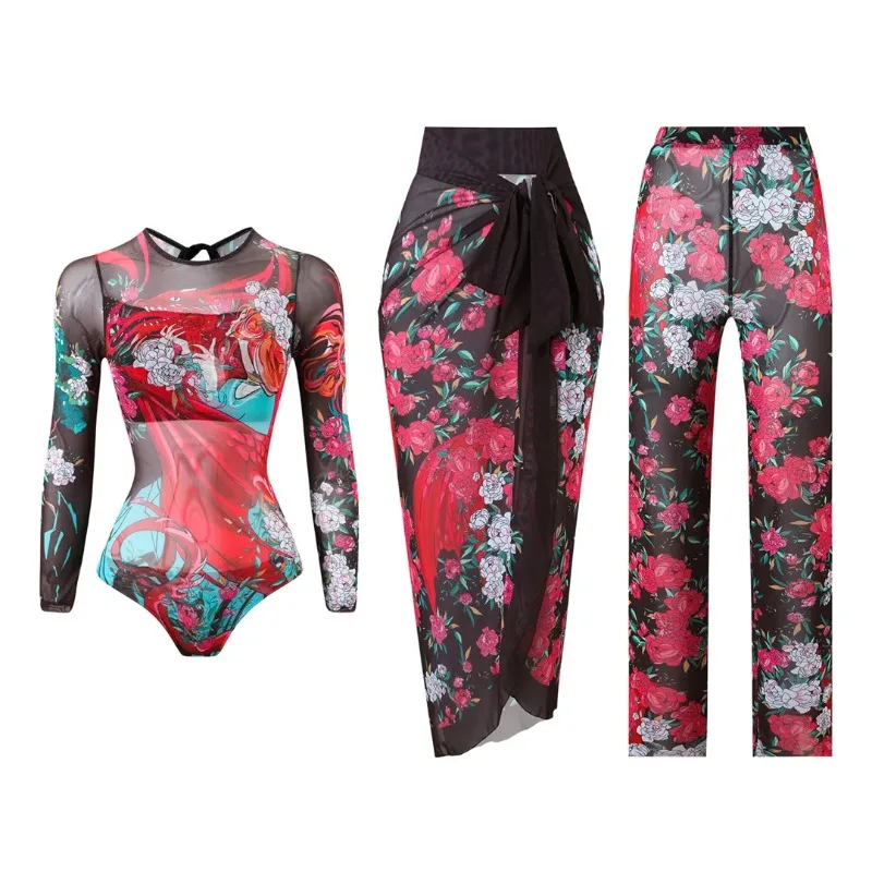 Printed Bathing Suit Women Long Sleeve One Piece Swimsuit Bandage Cover Up Straight Pants Female Beachwear Swimwear Three Piece