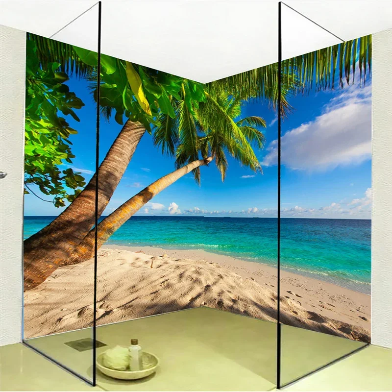 Custom Photo Wall Paper 3D Beach Coconut Palm Landscape Mural Bathroom Waterproof Background Wall Sticker Decor Papel De Parede