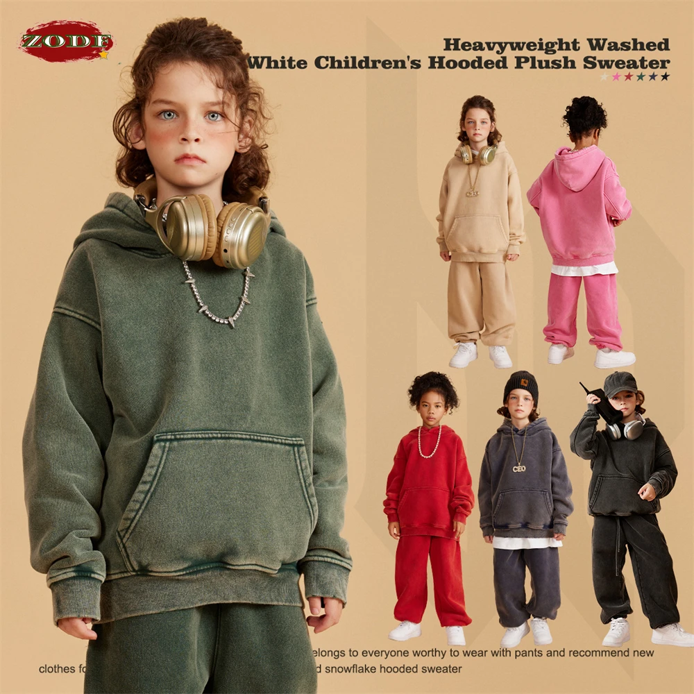 ZODF Kids Winter Washed 355gsm Fleece Hoodies Children Boys Girls Retro Loose Ripped Hooded Sweater Pullovers KH0022