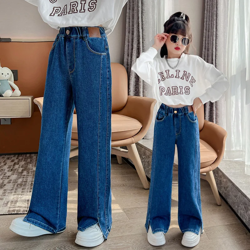 Girls Jeans New Spring/Autumn Fashion Kids Loose Trousers Big Children Casual Split Wide Leg Denim Pants 4 To12 Year