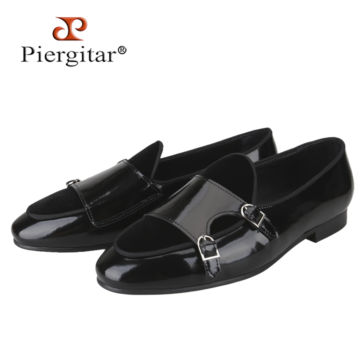 Piergitar 2026 Black Hand-Polished Calfskin Patchwork Velvet Double-Monk Belgian Loafers For Party And Prom Wear Men's Slippers