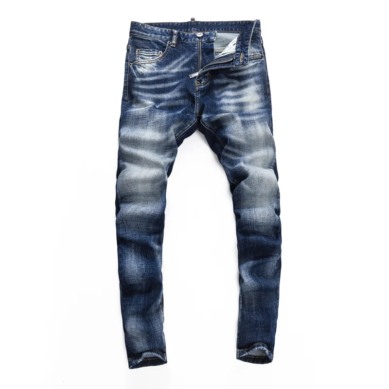 Designer Fashion New Men's Jeans Washed Retro Elastic Slim Fit Trendy Brand Blue Jeans High Street Hip Hop Style Pants Hombre