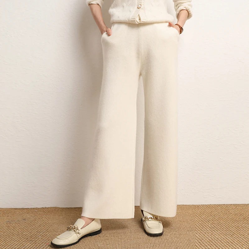 

Luxury Thick Women Cashmere Straight Pants 100% Cashmere Knitwear Autumn Winter Heavyweight Cashmere Casual Office Lady Trousers