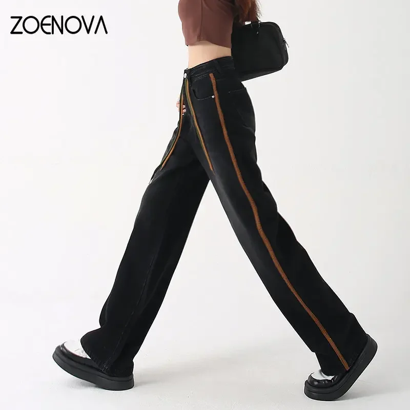 ZOENOVA Y2K 2023 Amerikaanse retro rechte buis wijde pijpen broek groene bindende zijstrip jeans volledige lengte chique streetwear broek