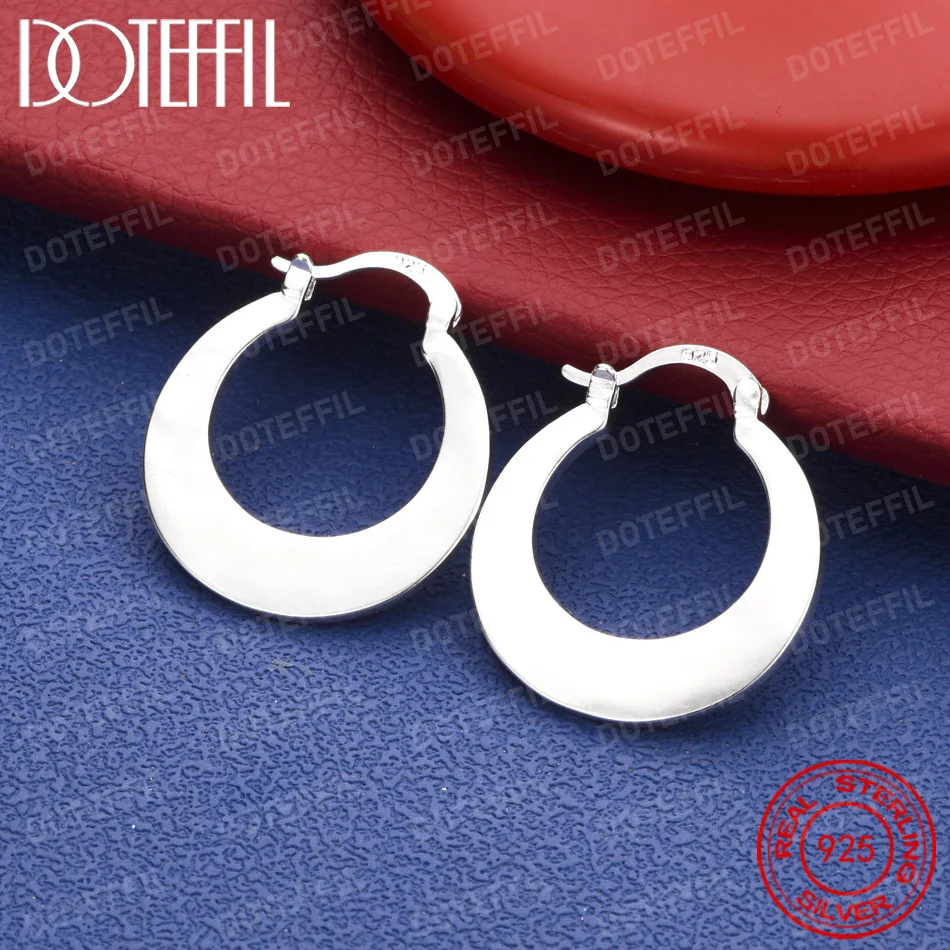 925 Sterling Silver 25mm Delicate Flat Polished Earrings for Women, Fashionable Wedding Jewelry, Party Accessories