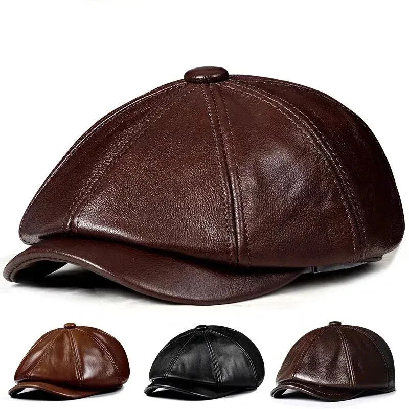 New 2026 Fashion Genuine Leather Hats Caps Cowhide Beret Warm Cotton Men Padding Brand Brown/Black Duck Hat Octagonal Cap