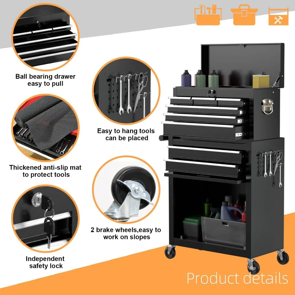 Baú de ferramentas de rolamento de alta capacidade com 8 gavetas, armazenamento de armário removível, caixa de ferramentas com rodas e destacável para organização final