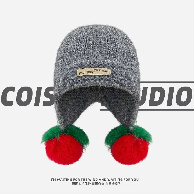 여성용 겨울 스트리트 따뜻한 보호용 귀덮개 다용도 파일럿 모자, 한국 도파민 대비 색상 폼폼 니트 비니