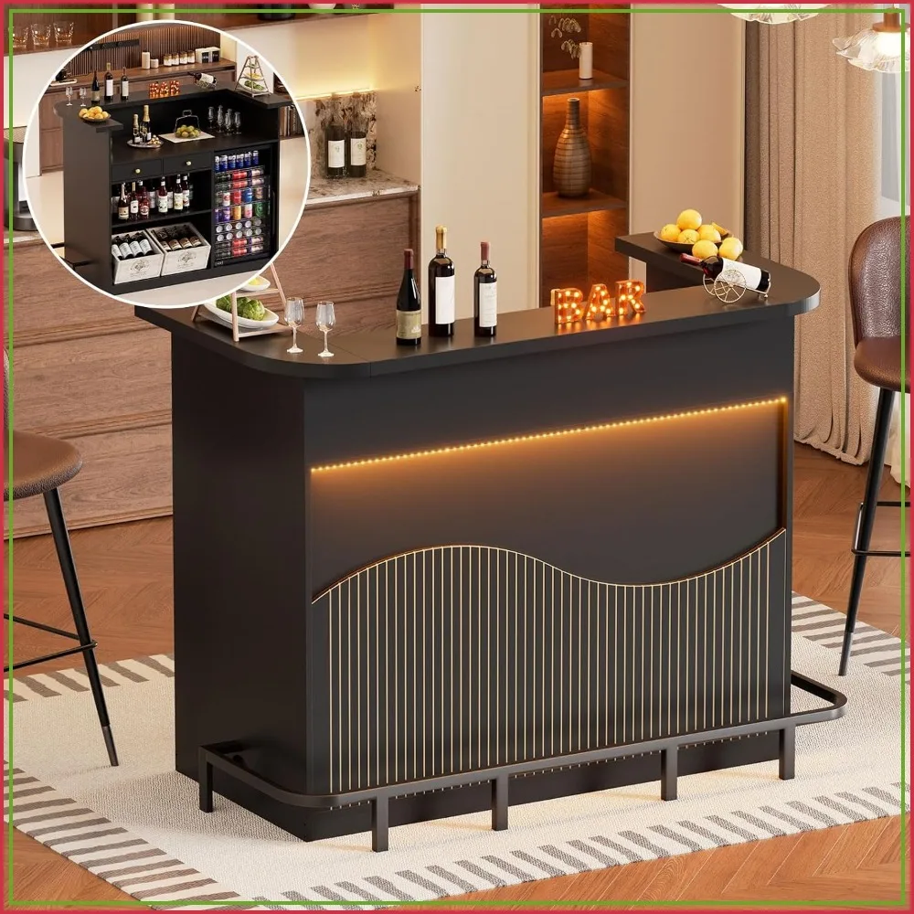 3 Tier Wooden Bar Cabinet LED Light & Stemware Holders Living Room, Dining Room