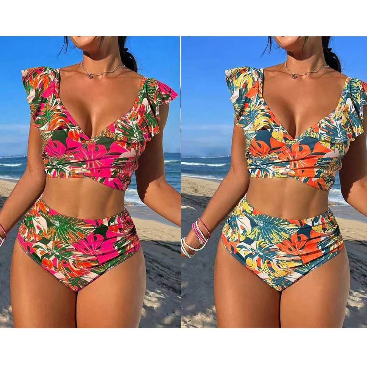 

Double Shoulder Ruffle Bikini Set Sexy Bikinis New High Waist Swimwear Women Swimsuit V-Neck Bathing Suit Beach Wear Swim