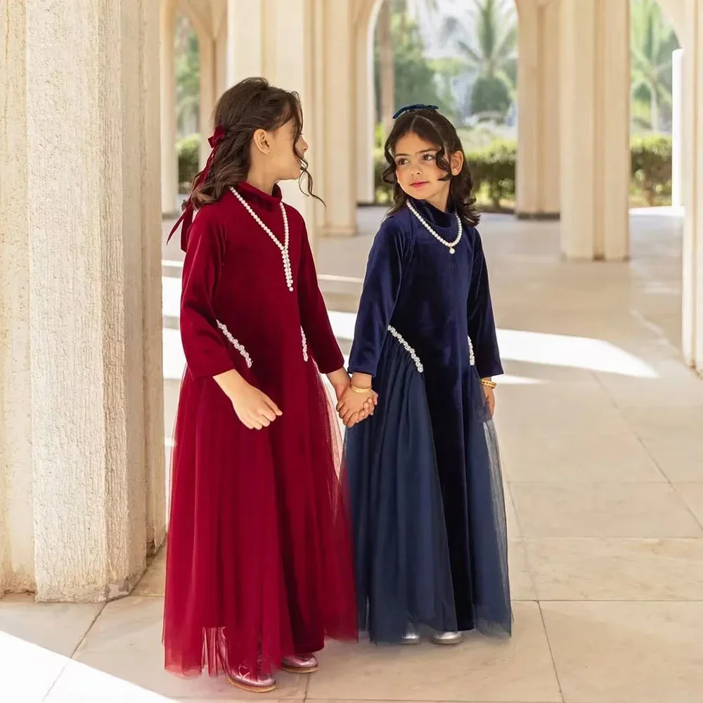 

Elegant Velvet Flower Girl Dress For Wedding Formal Occasion High Collar Lace Kids First Communion Photo Shoot Gown Customized