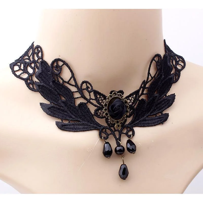‌New Gothic Lace Vintage Fashion Necklace Elegant Choker Layered Chain Design‌ Women Tassel Pear Collar Necklace Pendant