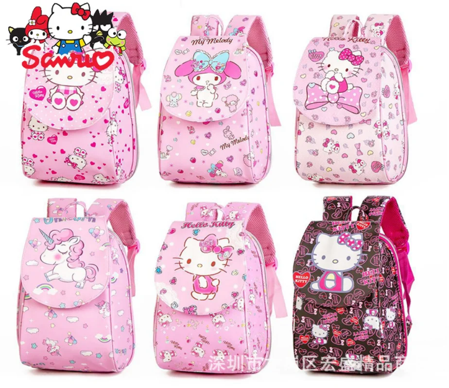 

MINISO Melody Kuromi Hello Kitty Cinnamoroll Pochacco Backpack Women's Korean School Flap Backpack Unicorn Print Pink School Bag