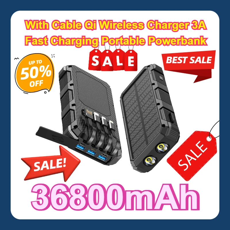 

For IPhone Samsung Xiaomi Powerbank Solar Power Bank 36800mAh with Cable Qi Wireless Charger 3A Fast Charging Portable Poverbank