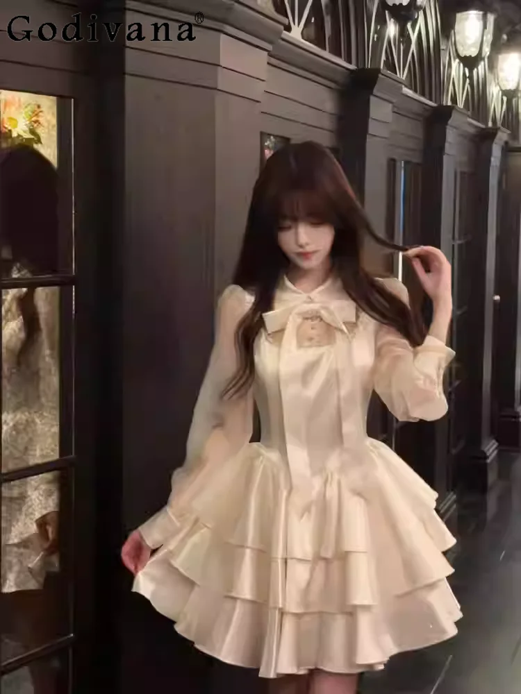 

2XL Spring Autumn Heavy Industry Hot Diamond Sweet Bow Long Sleeve Dress Girl Peter Pan Collar High Waist Cake Princess Dresses