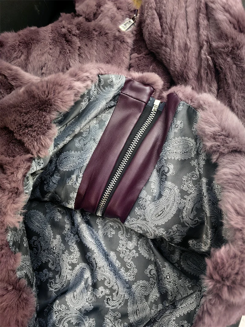 Chaqueta holgada de invierno con capucha y cremallera para mujer, abrigo de piel Natural 100% de piel de conejo auténtica, ropa gruesa y cálida para mujer, prendas de vestir exteriores peludas para mujer