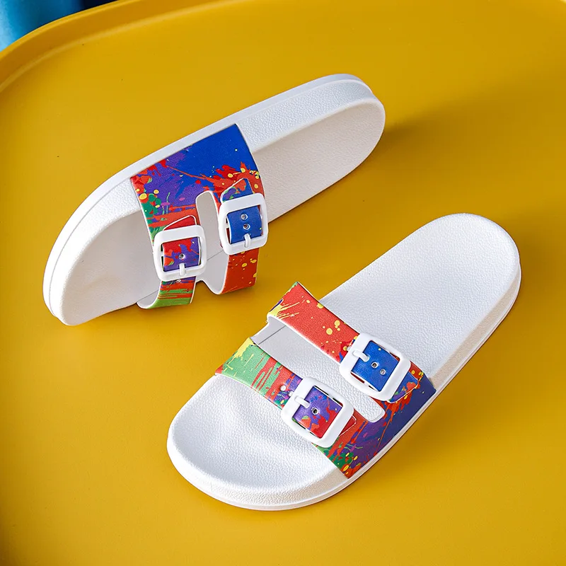 Sandálias criativas de botão duplo para estudantes, Desgaste de verão feminino, Anti Slip Soft Thick Sole Home Slippers, Roupa exterior, Moda