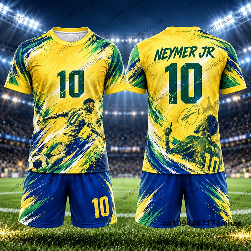 2-teiliges Set Kinder-Trainingsanzug Brasilien Fans Neymar # 10 bedruckte T-Shirt- und Shorts-Sets, Fußballtrikot-Set, Sportbekleidung für Kinder/Erwachsene – Detail 6