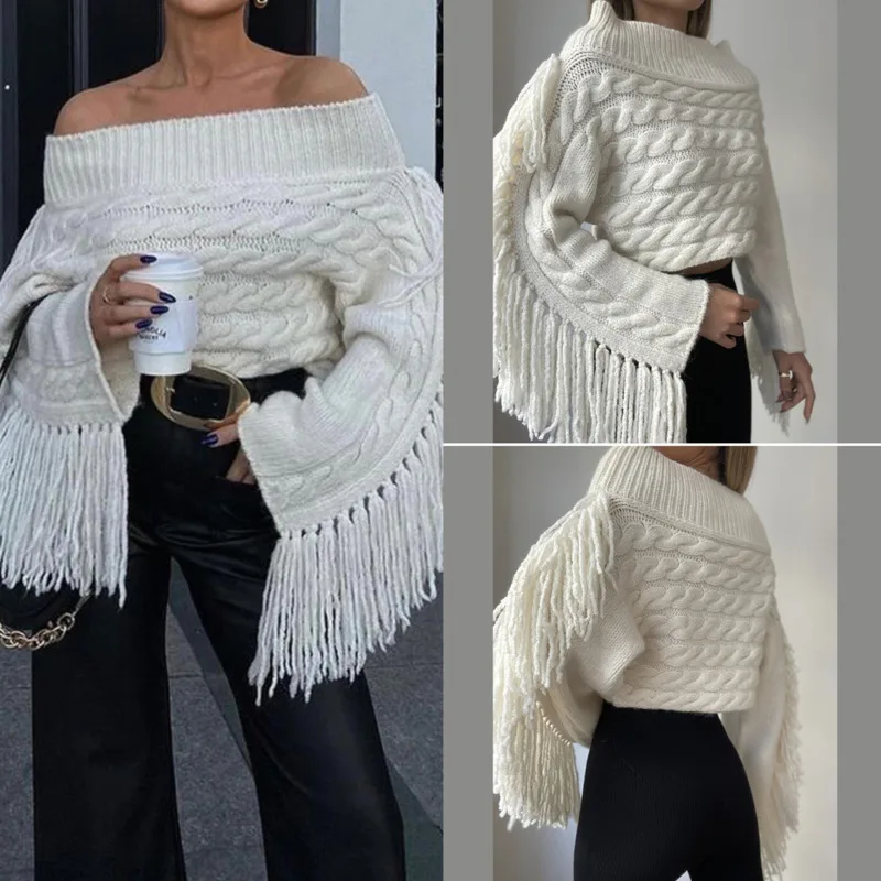 

White tassel knitted sweater for women in autumn and winter, white long sleeved one neck top, high street loose pullover sweater